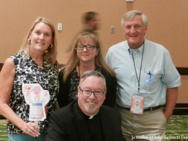 Catholic Daughters, Deb Sabans and Jennifer Wade-Bennett - Court St Monica #1181 Barre VT, and catechist, Frank Partsch, from St Monica-St Michael Catholic School with Bishop Christopher Coyne and Flat Francis at the Gifts for the Kingdom 2015.